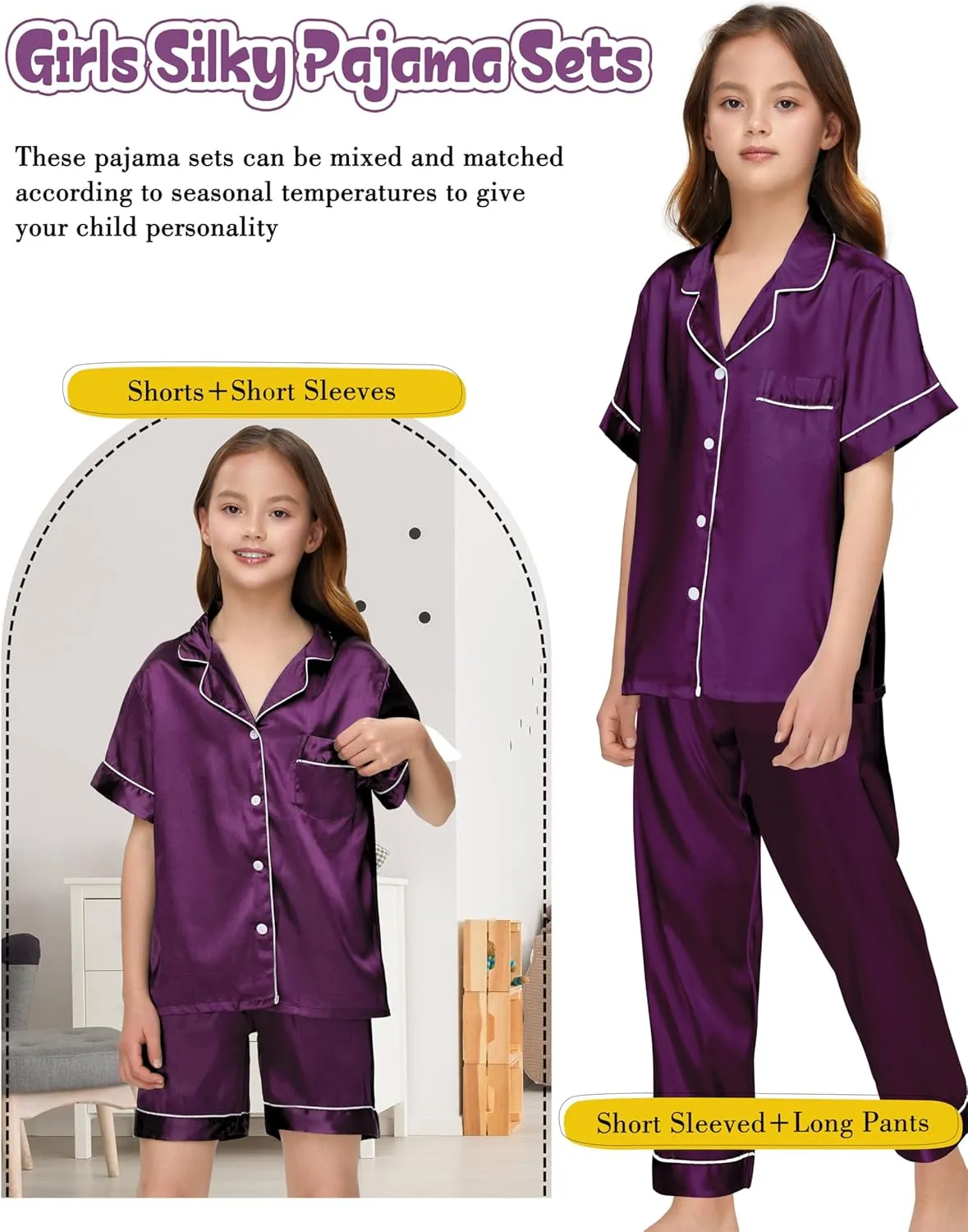 Silk Pajamas for Girls Satin Pajama Kids 3 Pieces Short Sleeve Girl Button-down Pjs Shorts Pants Sleepwear