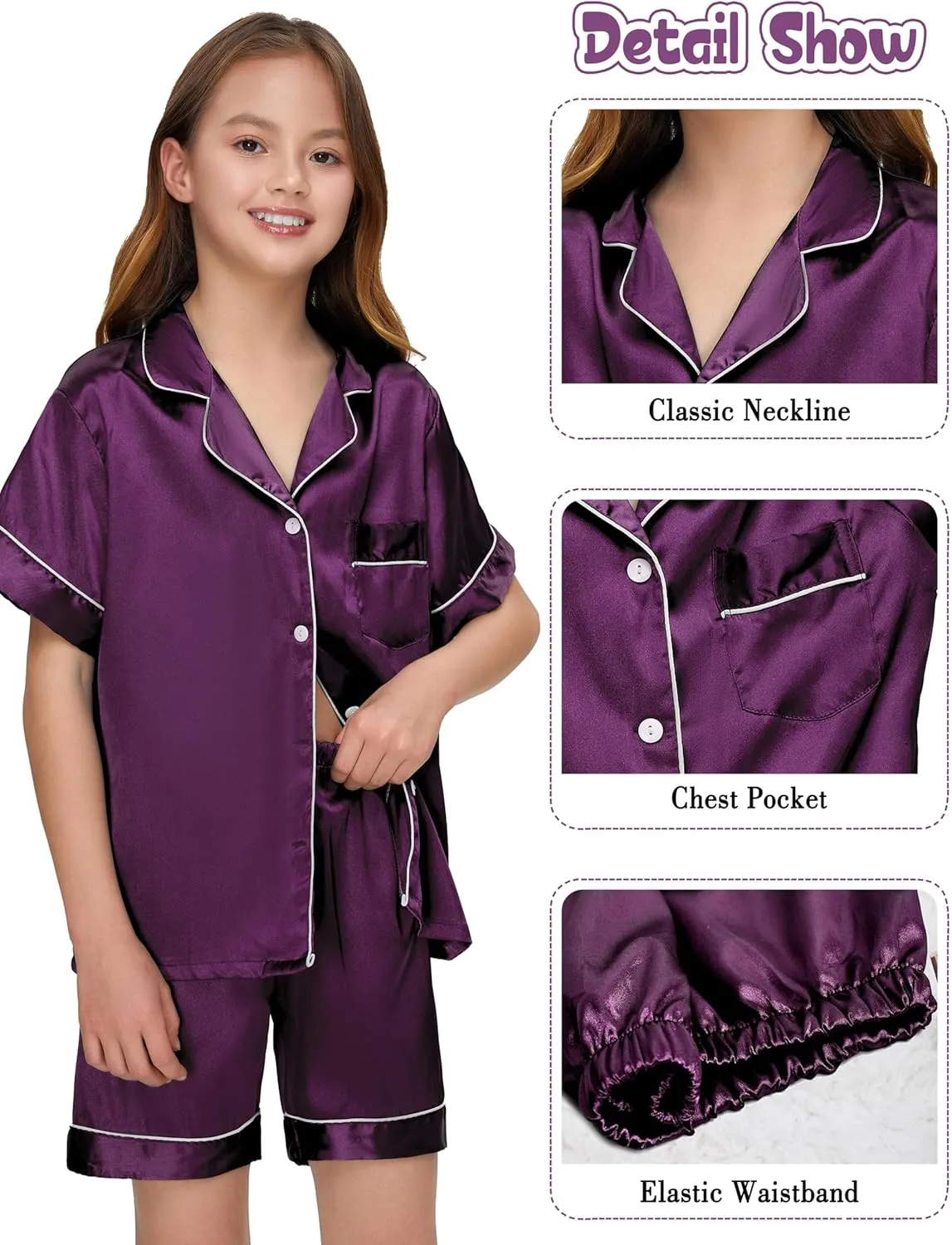 Silk Pajamas for Girls Satin Pajama Kids 3 Pieces Short Sleeve Girl Button-down Pjs Shorts Pants Sleepwear