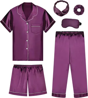Silk Pajamas for Girls Satin Pajama Kids 3 Pieces Short Sleeve Girl Button-down Pjs Shorts Pants Sleepwear