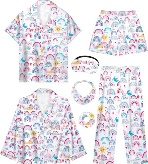 Silk Pajamas for Girls Satin Pajama Kids 4 Pieces Girls Button-down Pjs Set with Eye Mask Headband Scrunchie