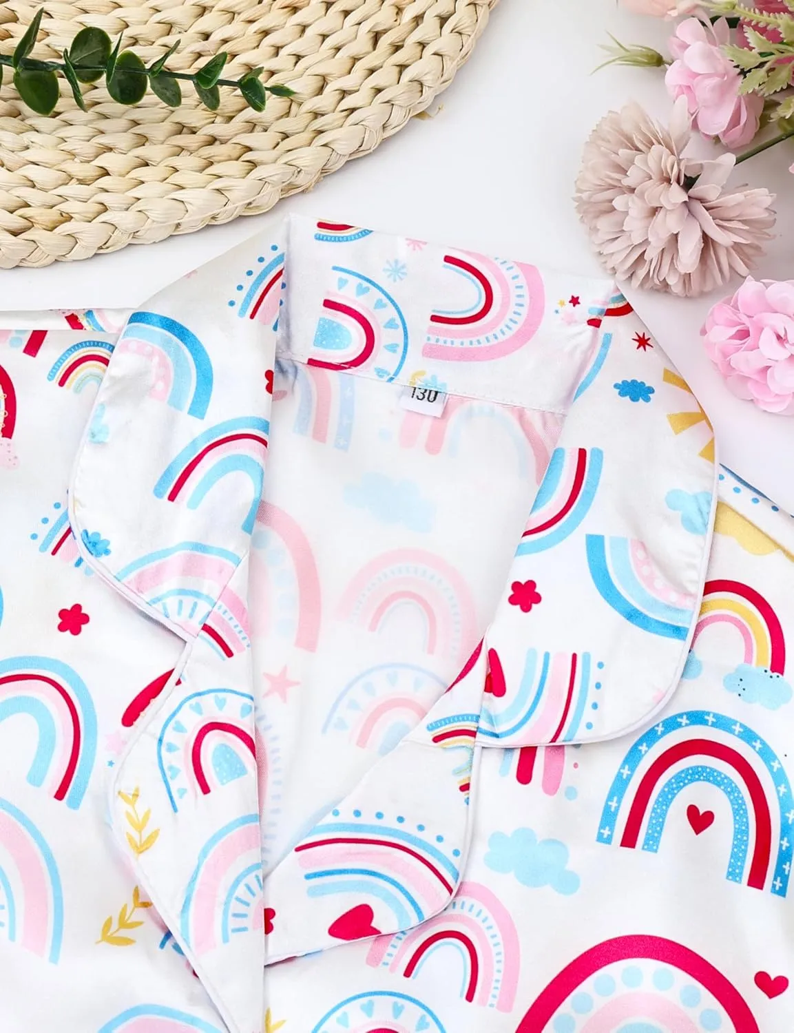 Silk Pajamas for Girls Satin Pajama Kids 4 Pieces Girls Button-down Pjs Set with Eye Mask Headband Scrunchie