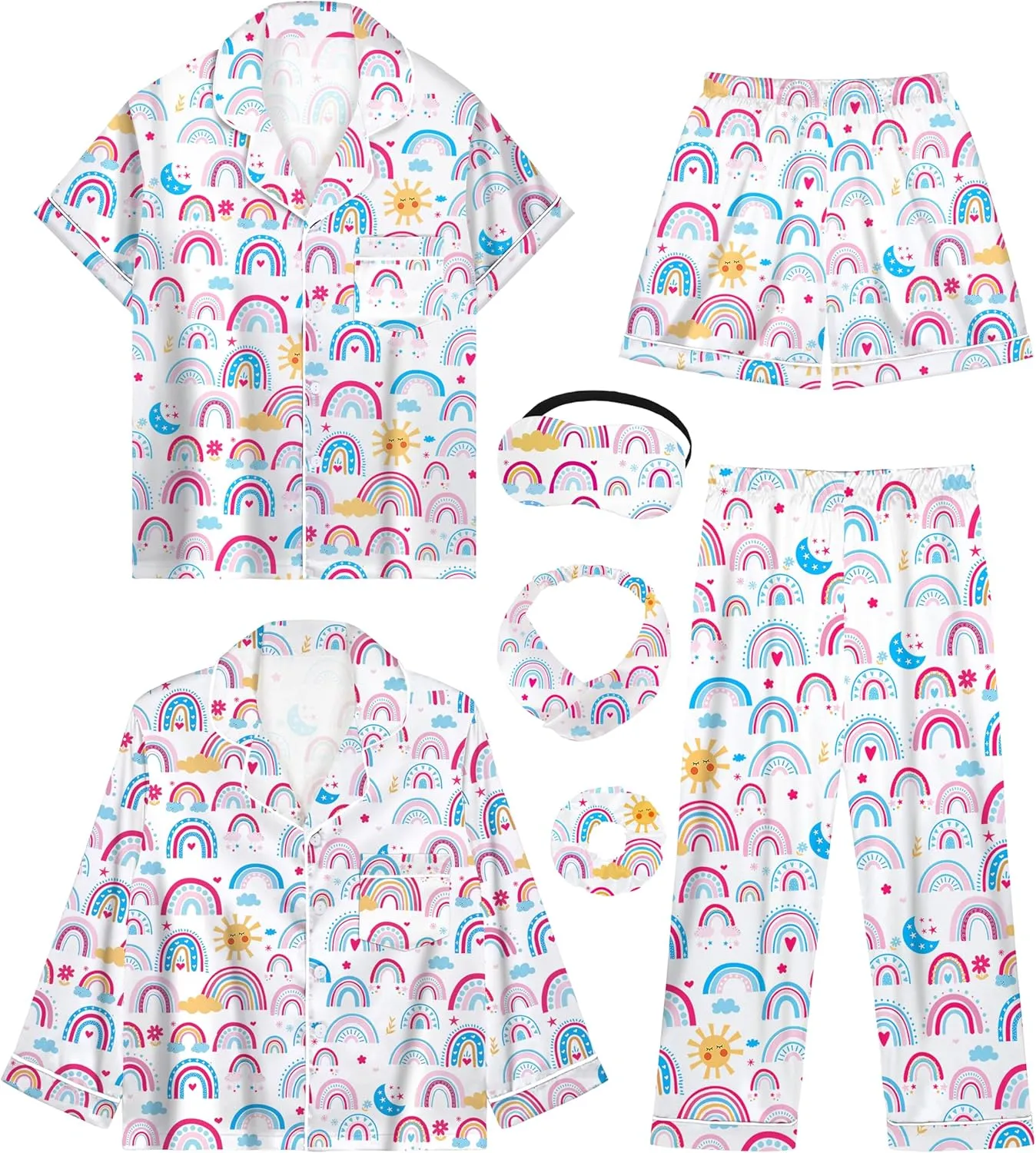 Silk Pajamas for Girls Satin Pajama Kids 4 Pieces Girls Button-down Pjs Set with Eye Mask Headband Scrunchie