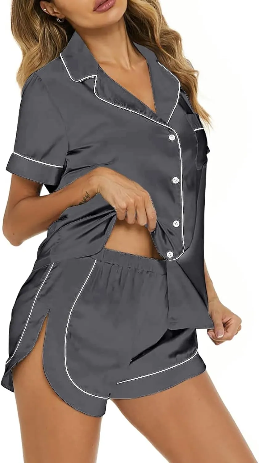 Silk Pajamas For Women Matching Solid Lapel Short Sleeve Open Button T Shirt With Pocket And Pants Holiday Set