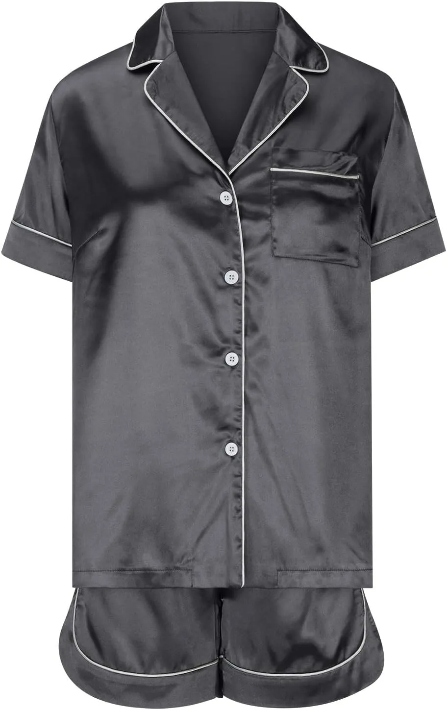 Silk Pajamas For Women Matching Solid Lapel Short Sleeve Open Button T Shirt With Pocket And Pants Holiday Set