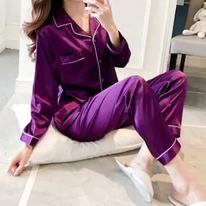 Silk Pijama Sets Sleepwear Long-Sleeve Ice Silk Night Wear