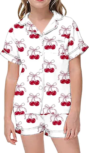 Silk Satin Pajamas Cute Bow Coquette Pajama Set 2 Piece Button Up Pjs Shirts Shorts Sets Sleepwear Loungewear 2-13 Years