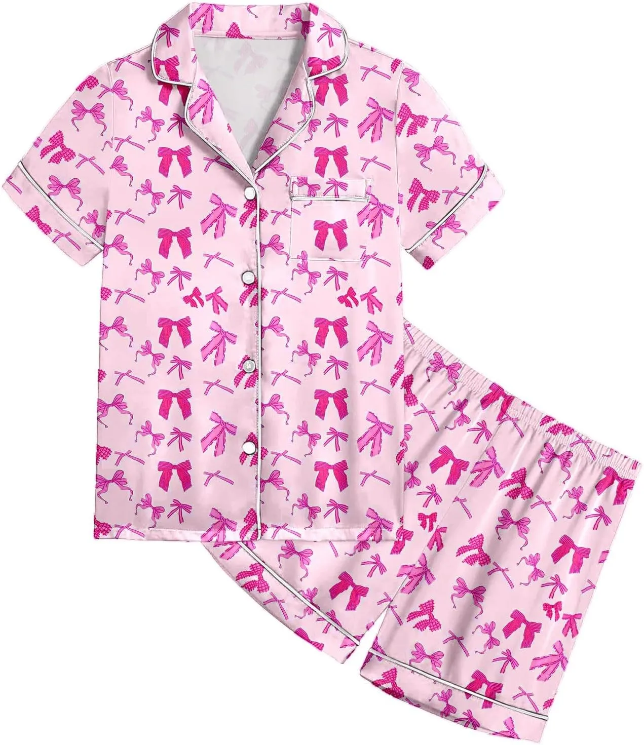 Silk Satin Pajamas Cute Bow Coquette Pajama Set 2 Piece Button Up Pjs Shirts Shorts Sets Sleepwear Loungewear 2-13 Years