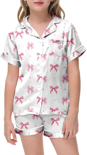 Silk Satin Pajamas Cute Bow Coquette Pajama Set 2 Piece Button Up Pjs Shirts Shorts Sets Sleepwear Loungewear 2-13 Years