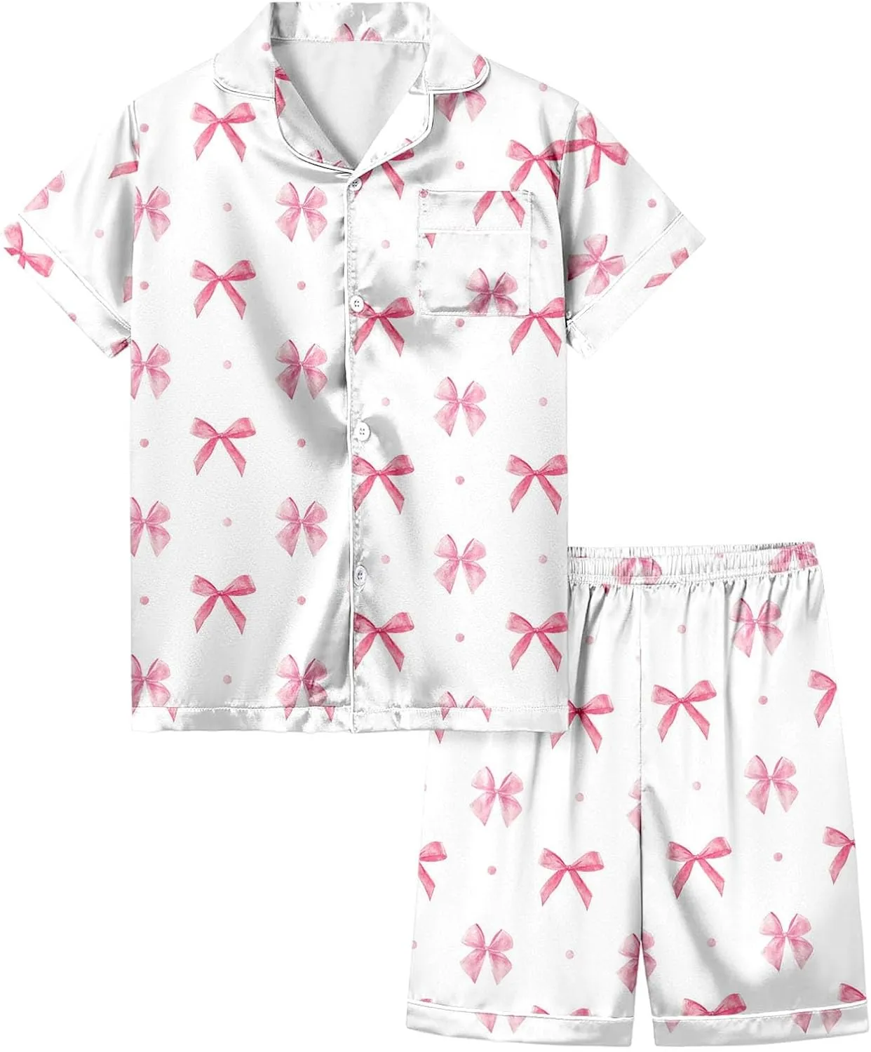 Silk Satin Pajamas Cute Bow Coquette Pajama Set 2 Piece Button Up Pjs Shirts Shorts Sets Sleepwear Loungewear 2-13 Years