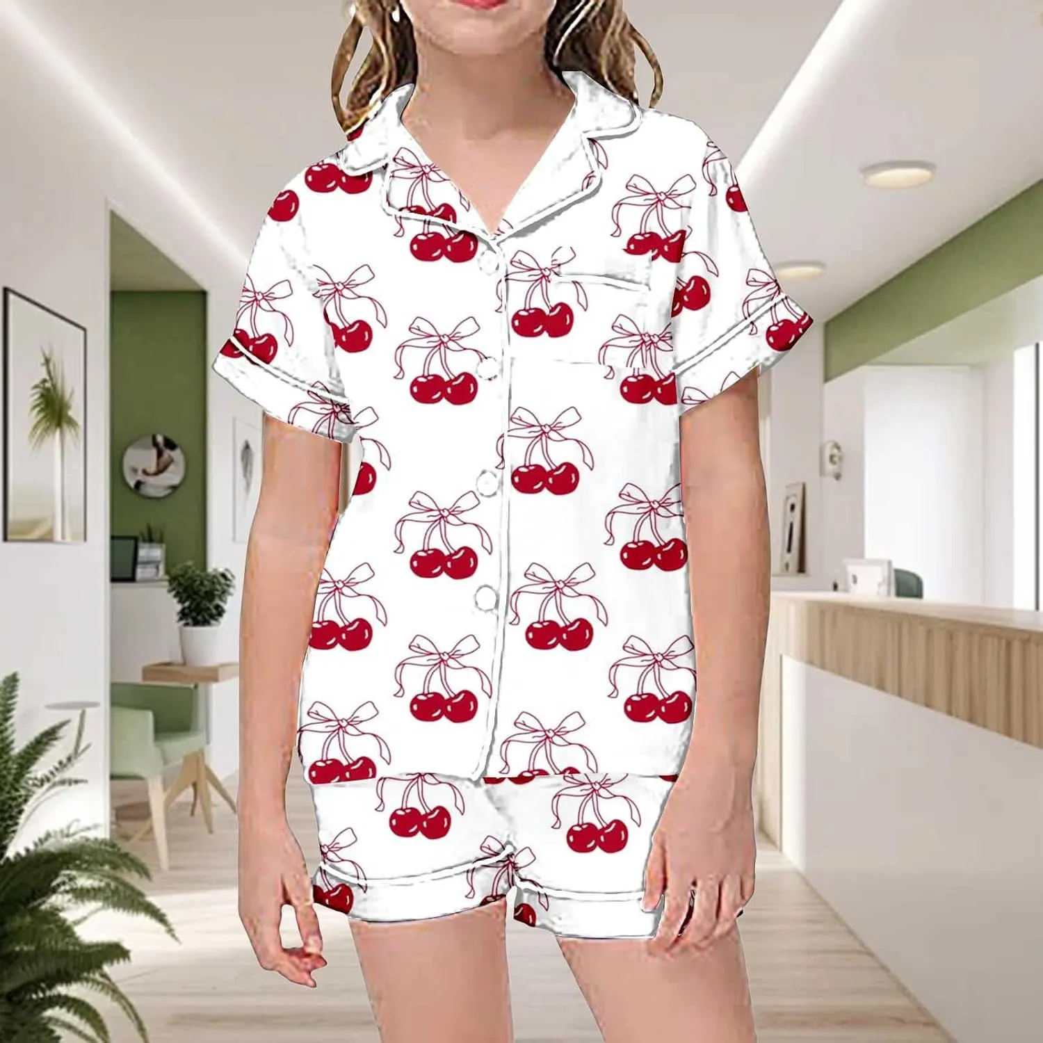 Silk Satin Pajamas Cute Bow Coquette Pajama Set 2 Piece Button Up Pjs Shirts Shorts Sets Sleepwear Loungewear 2-13 Years