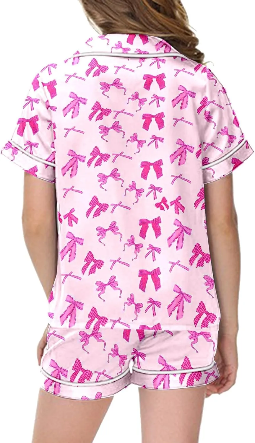 Silk Satin Pajamas Cute Bow Coquette Pajama Set 2 Piece Button Up Pjs Shirts Shorts Sets Sleepwear Loungewear 2-13 Years