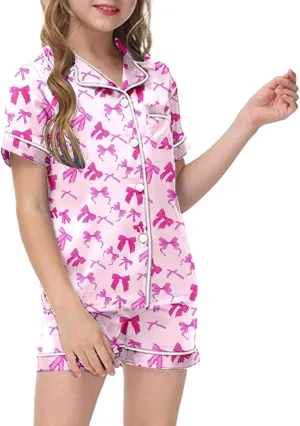 Silk Satin Pajamas Cute Bow Coquette Pajama Set 2 Piece Button Up Pjs Shirts Shorts Sets Sleepwear Loungewear 2-13 Years
