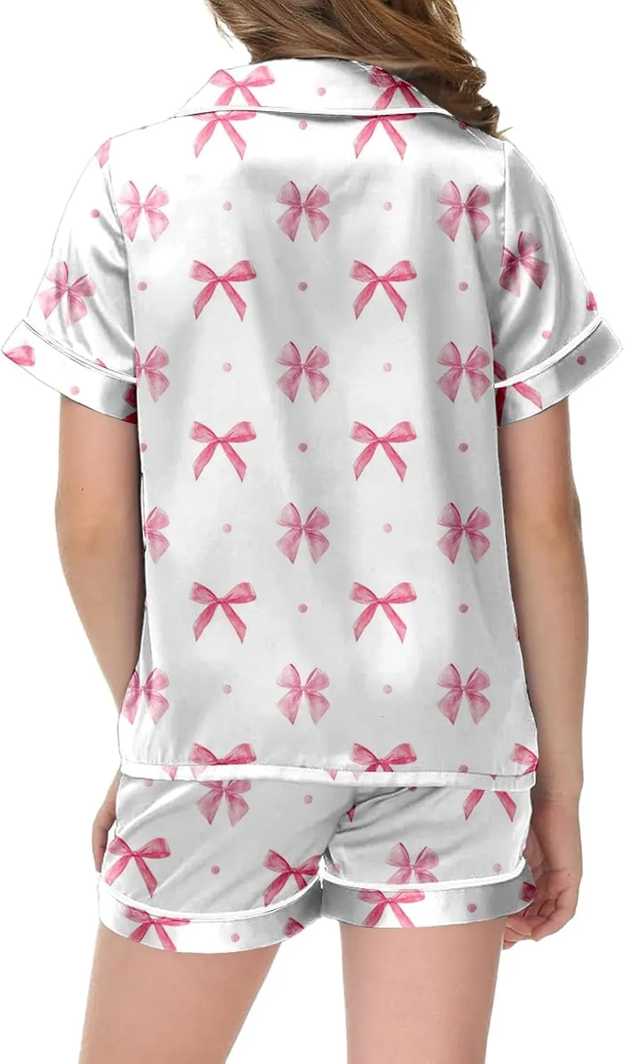 Silk Satin Pajamas Cute Bow Coquette Pajama Set 2 Piece Button Up Pjs Shirts Shorts Sets Sleepwear Loungewear 2-13 Years