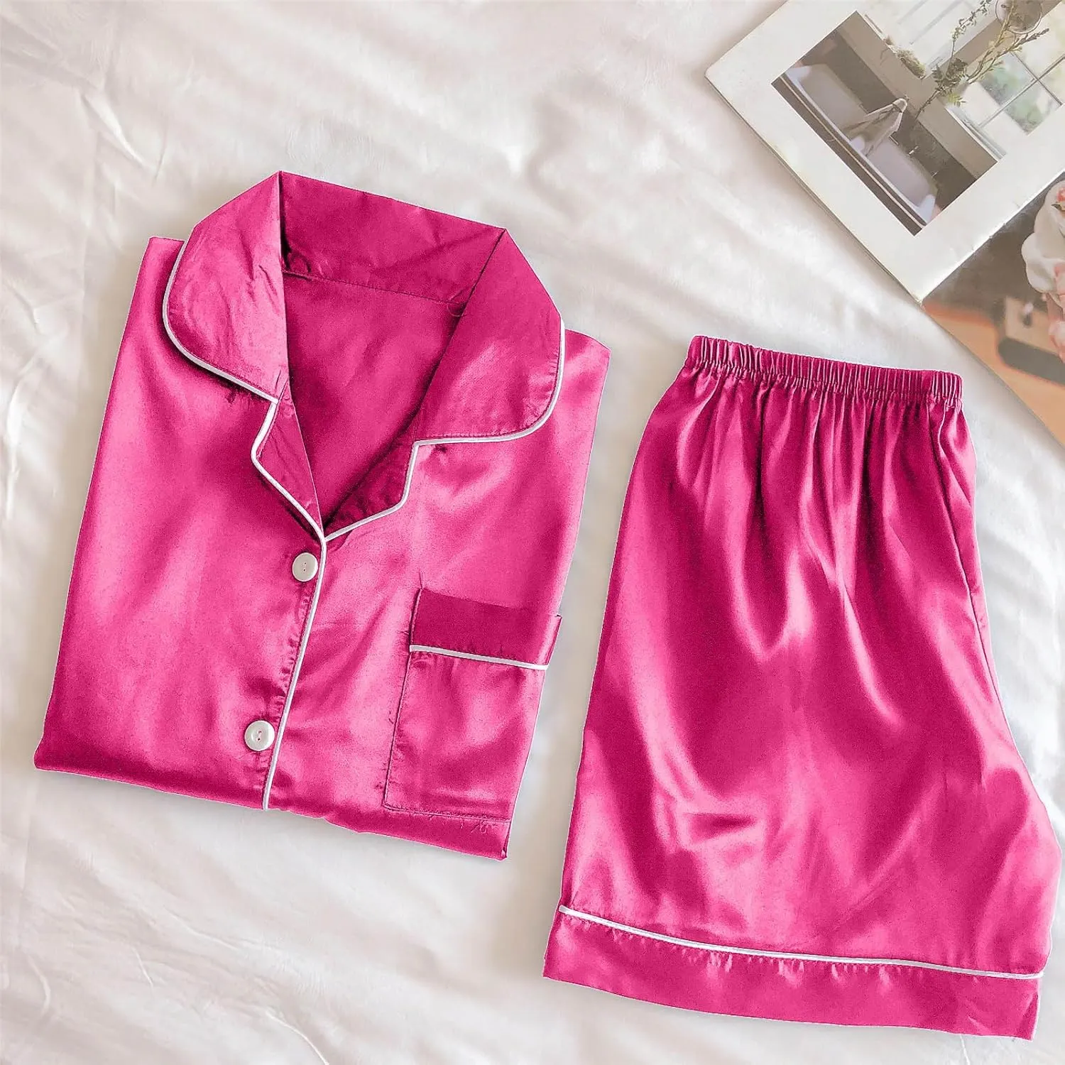 Silk Satin Sleepwear for Women Button Down Pajamas Sets Short Sleeve Shirts Shorts 2 Piece Pjs Soft Loungewear