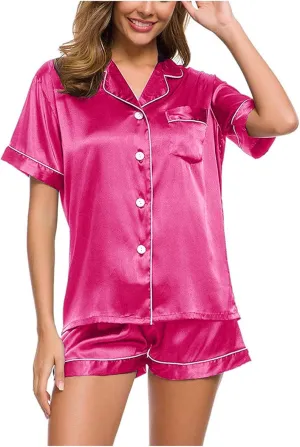 Silk Satin Sleepwear for Women Button Down Pajamas Sets Short Sleeve Shirts Shorts 2 Piece Pjs Soft Loungewear
