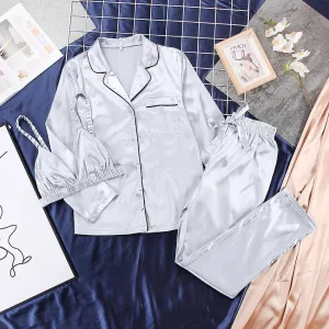Silver Loose silk Satin 3PC Pajama Set