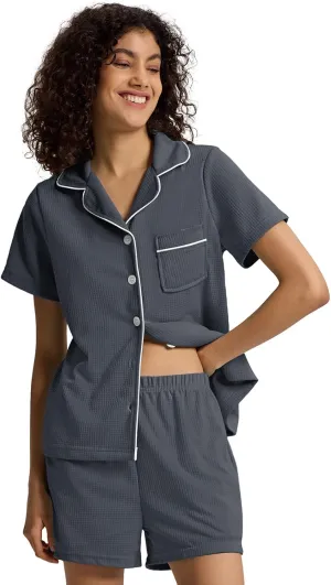 SIORO Waffle Knit Pajamas Set for Women Button Down Lounge Set Short Sleeve Loungewear Sleepwear Shorts Set Pjs with Pockets