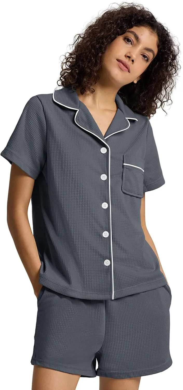 SIORO Waffle Knit Pajamas Set for Women Button Down Lounge Set Short Sleeve Loungewear Sleepwear Shorts Set Pjs with Pockets