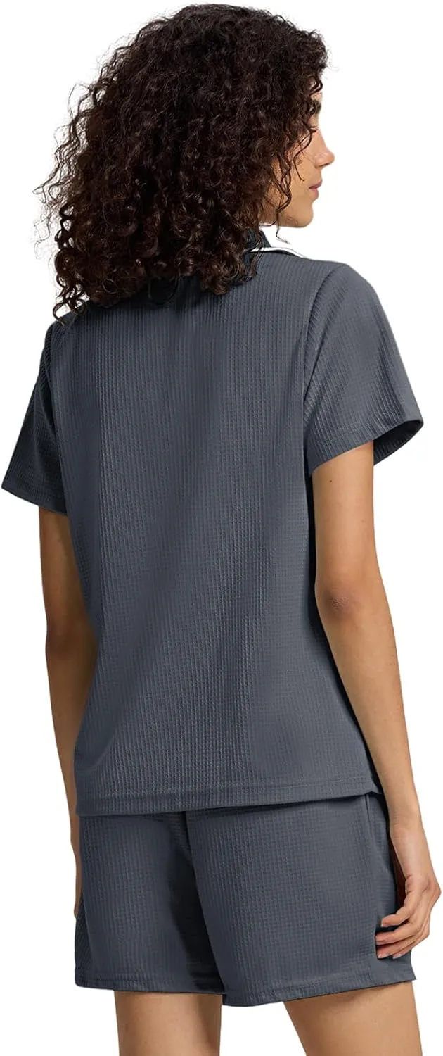 SIORO Waffle Knit Pajamas Set for Women Button Down Lounge Set Short Sleeve Loungewear Sleepwear Shorts Set Pjs with Pockets