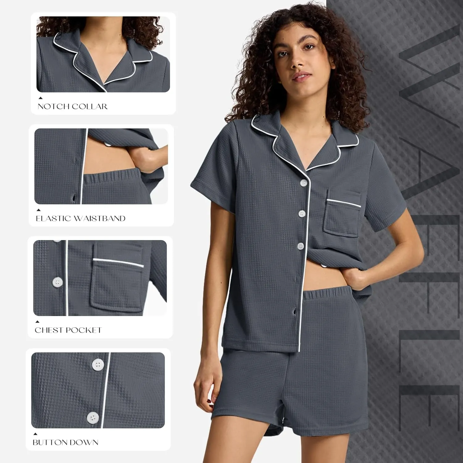 SIORO Waffle Knit Pajamas Set for Women Button Down Lounge Set Short Sleeve Loungewear Sleepwear Shorts Set Pjs with Pockets