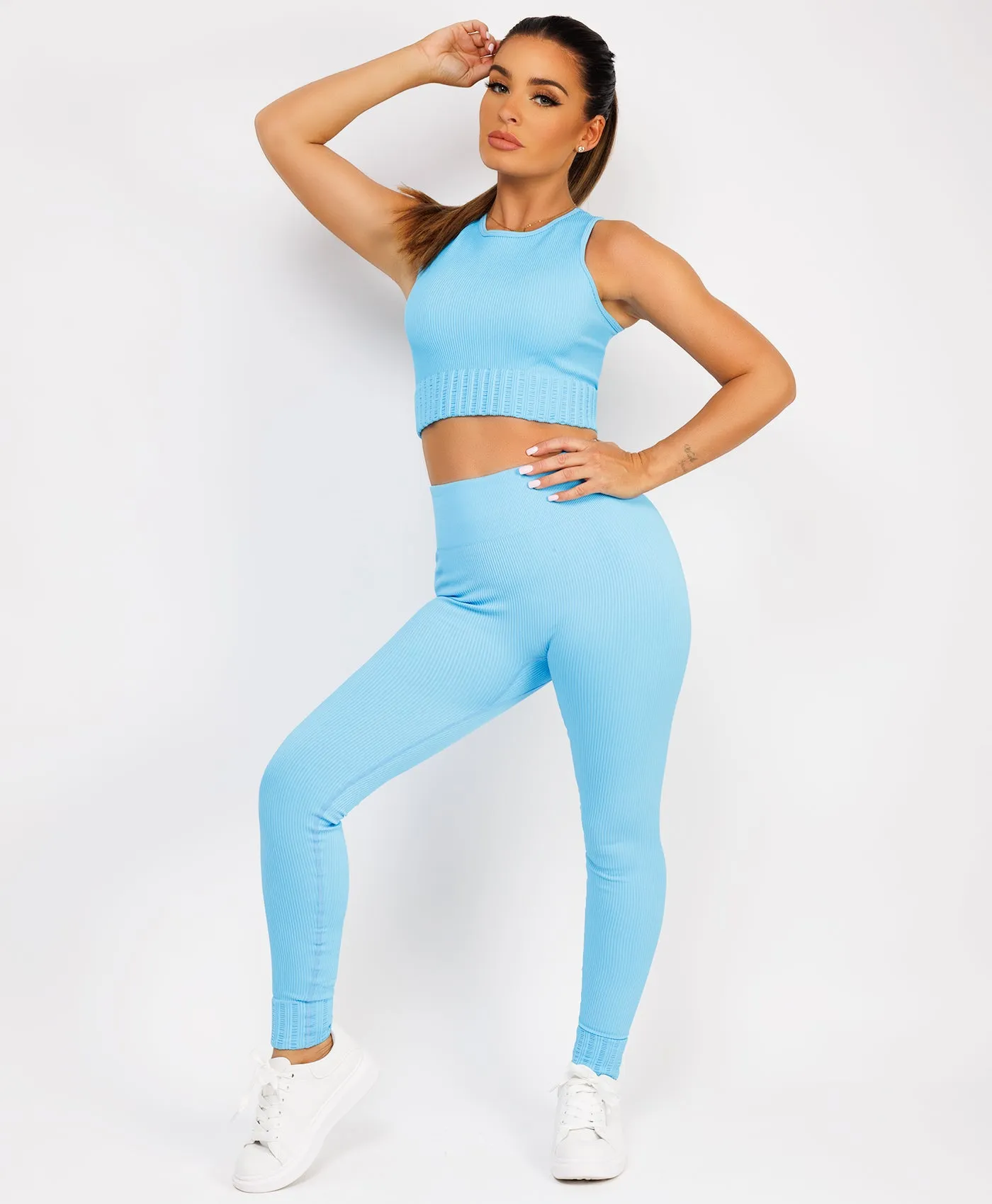 Sky Blue Ribbed Sleeveless Loungewear Set
