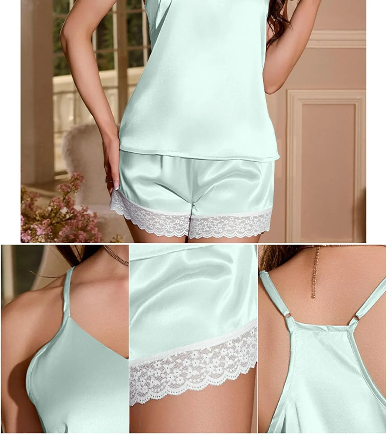 Sleepwear Sets for Women V Neck Cami Tank Tops and Lace Trim Shorts Comfy Summer Lightweight Two Piece Pajamas Set