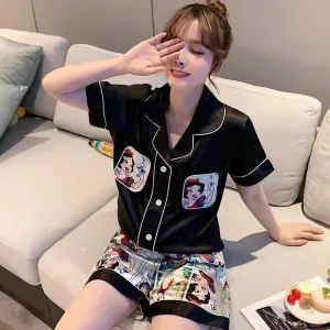 Snow White Print Summer Satin Silk Pajama Set Short Sleeve Top Shorts Women's S2984007