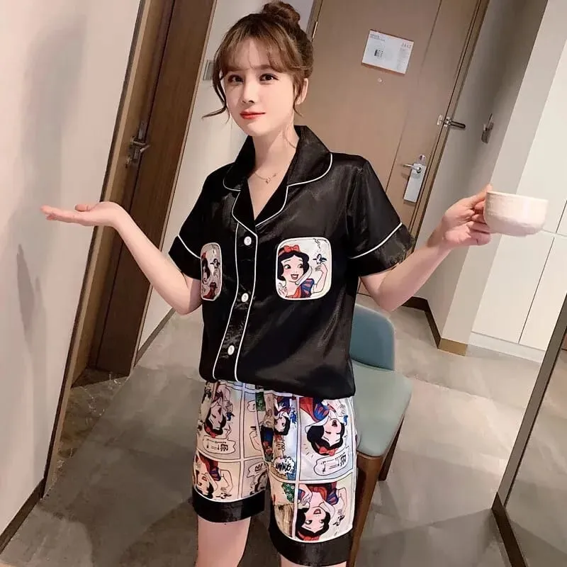 Snow White Print Summer Satin Silk Pajama Set Short Sleeve Top Shorts Women's S2984007