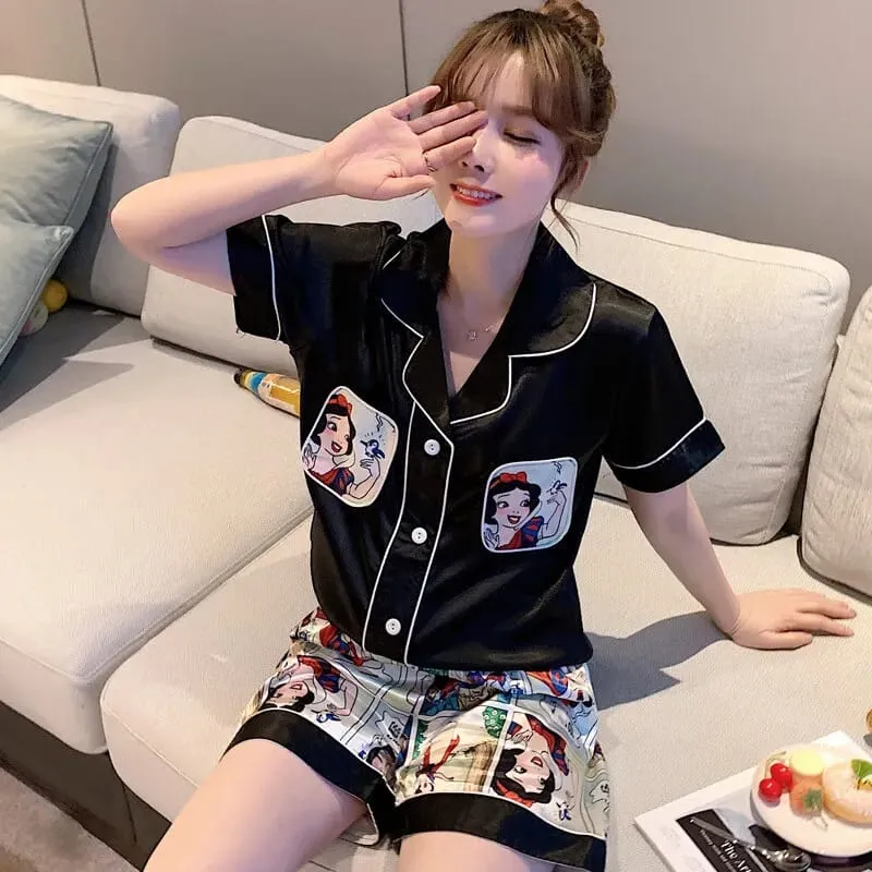 Snow White Print Summer Satin Silk Pajama Set Short Sleeve Top Shorts Women's S2984007