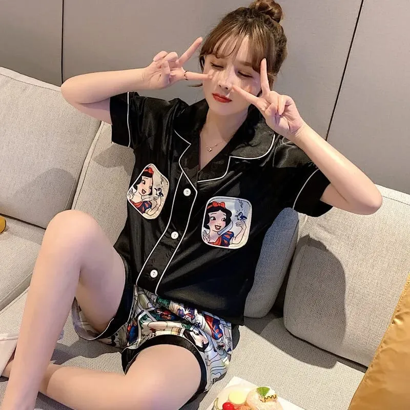 Snow White Print Summer Satin Silk Pajama Set Short Sleeve Top Shorts Women's S2984007