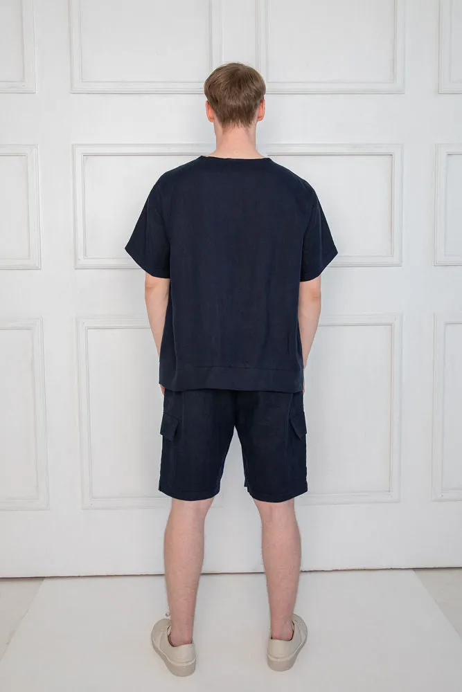 Sofa Killer dark blue linen men lounge wear set with shorts
