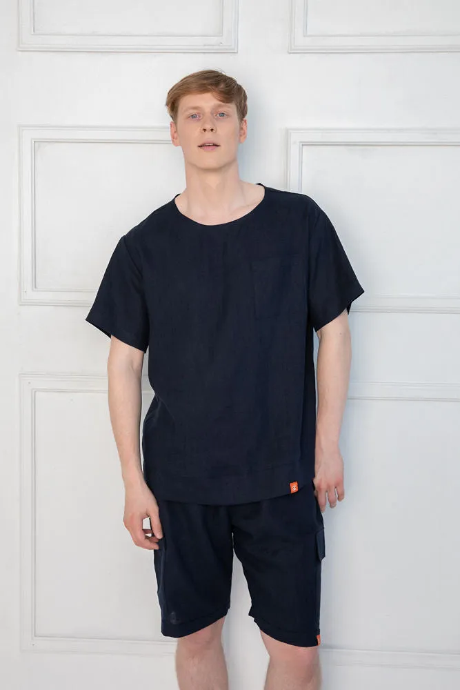 Sofa Killer dark blue linen men lounge wear set with shorts