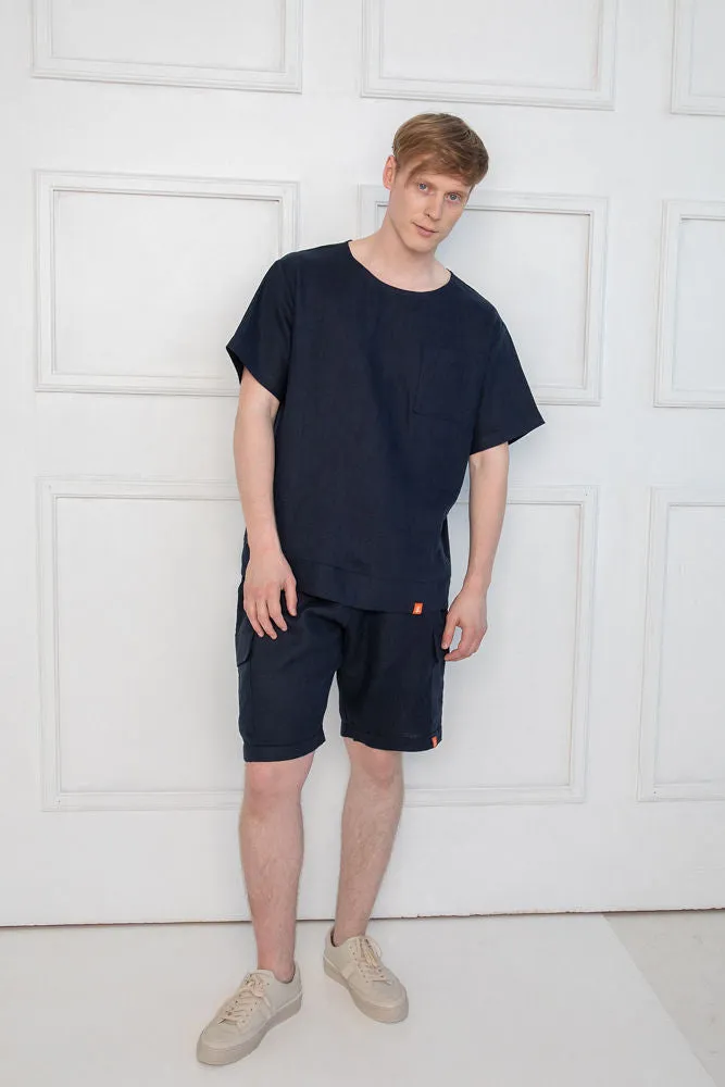 Sofa Killer dark blue linen men lounge wear set with shorts
