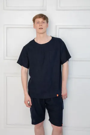Sofa Killer dark blue linen men lounge wear set with shorts