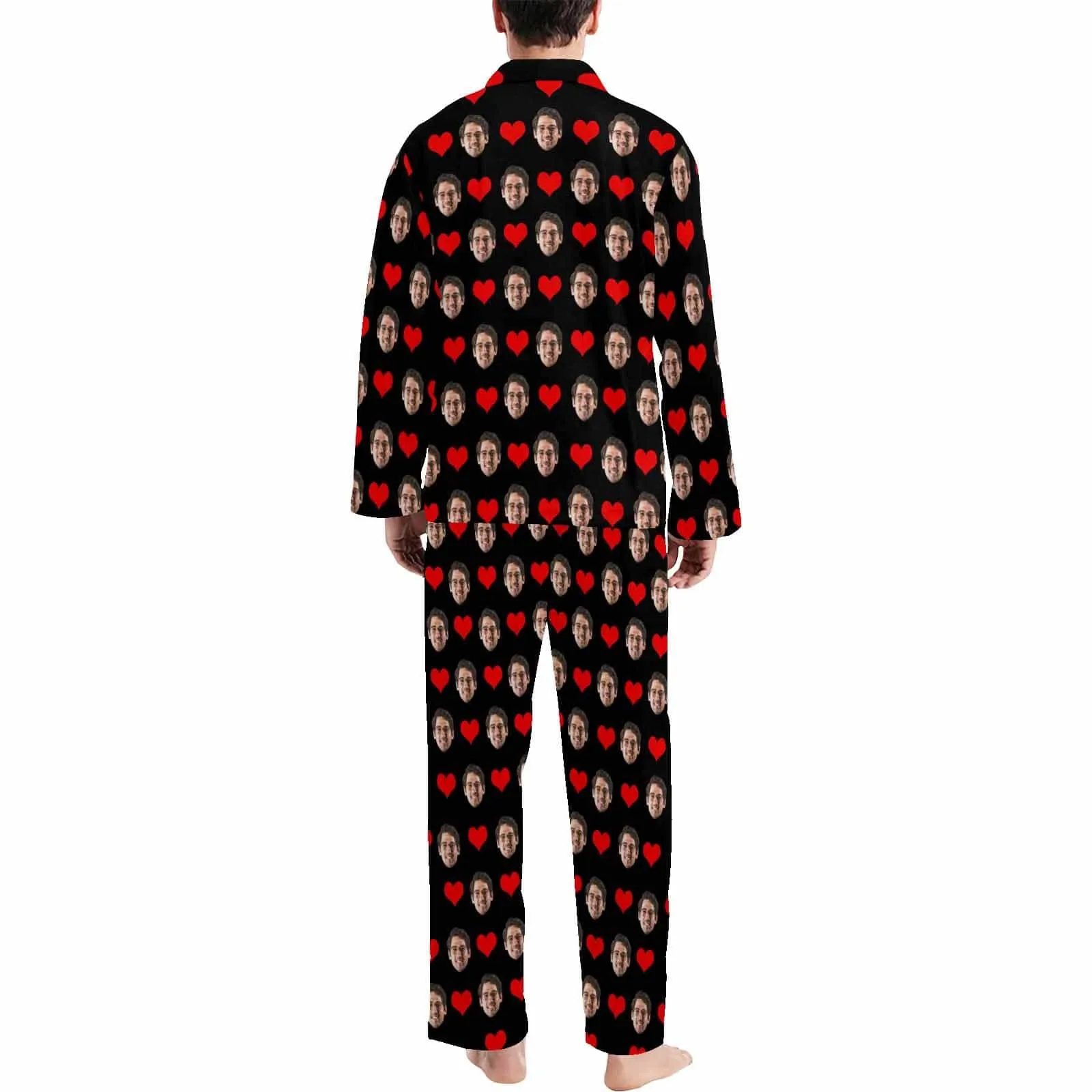 Soft Long Sleeve Pajamas for Men-Custom Face Red Heart Pajamas Personalized Men's V-Neck Long Sleeve Pajama Set Gift for Him