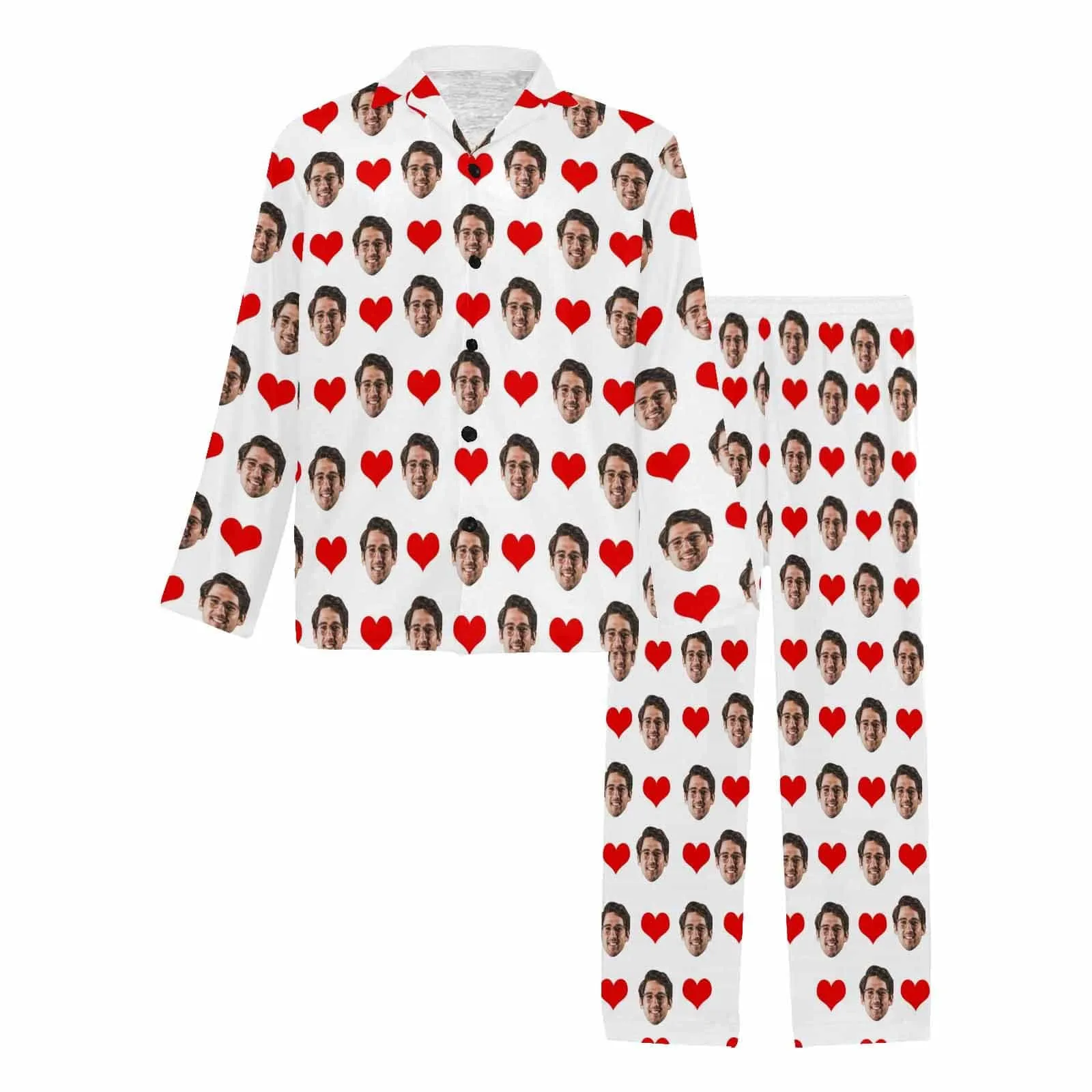 Soft Long Sleeve Pajamas for Men-Custom Face Red Heart Pajamas Personalized Men's V-Neck Long Sleeve Pajama Set Gift for Him