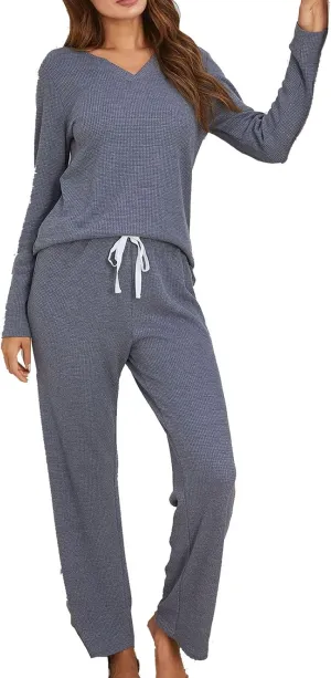 Soft Pajamas For Women Set Long Sleeve Shirt And Pants Lounge Outfits Waist Drawstring Knit Comfy Pjs Set Sleepwear
