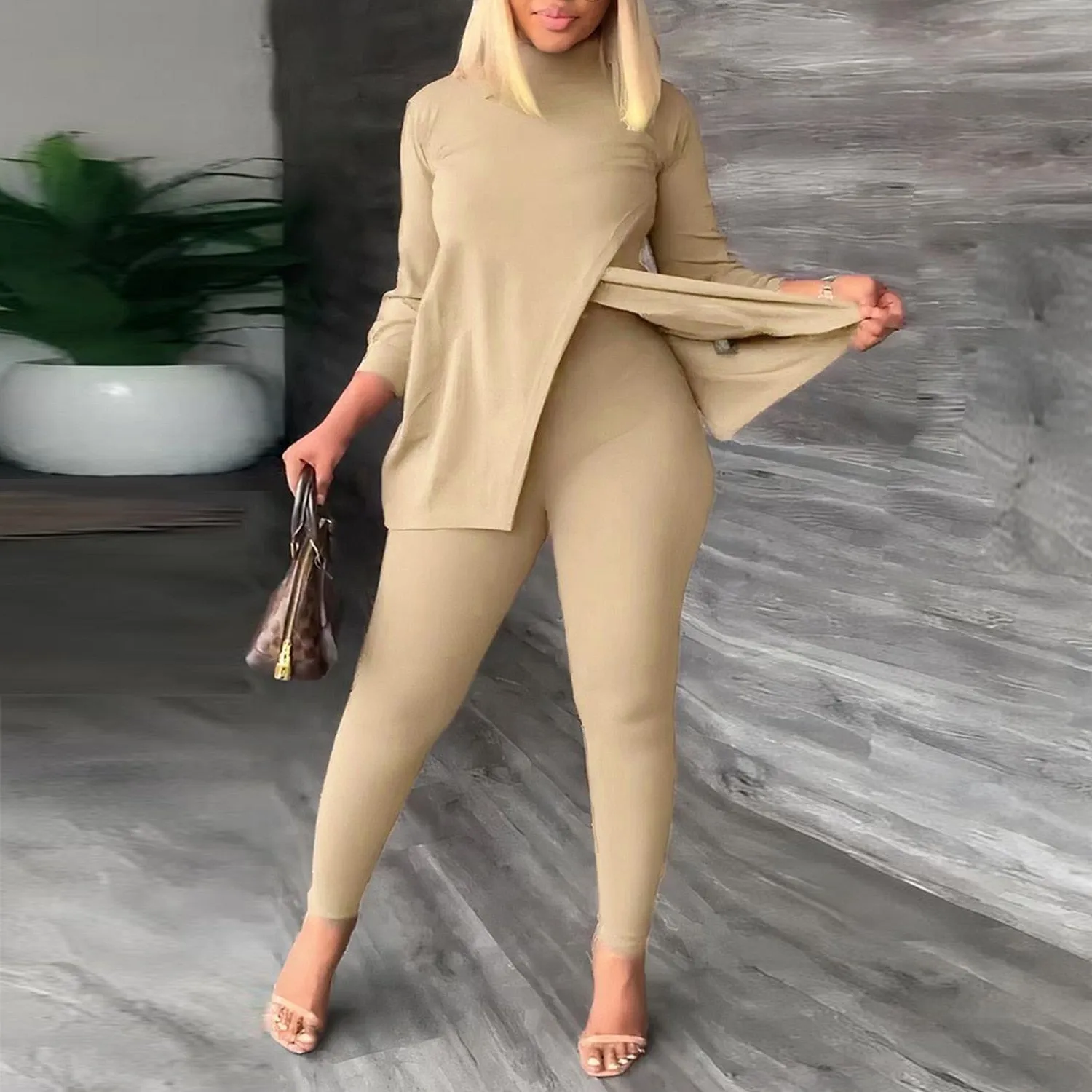 Solid Color Long Sleeve Casual Legging Set