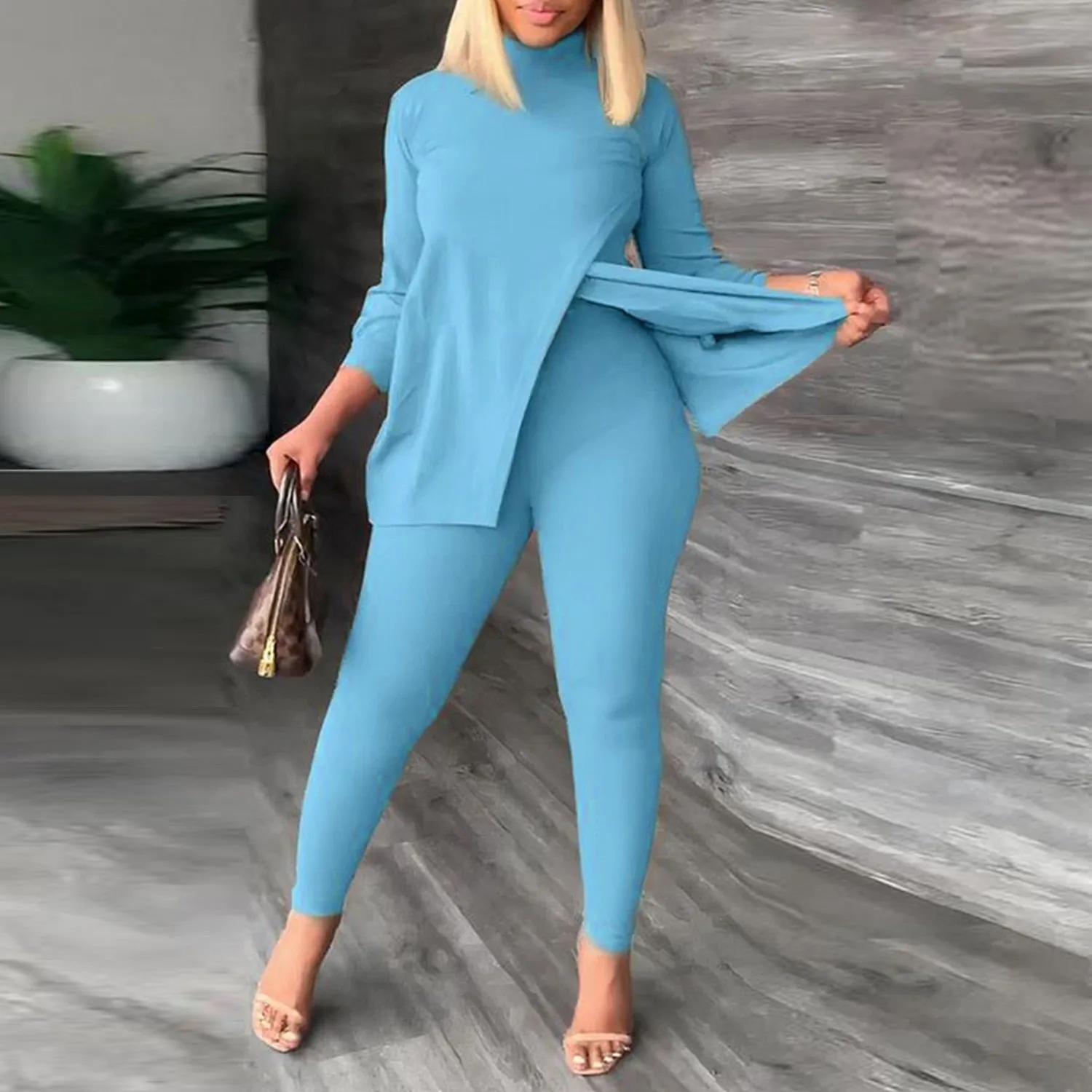 Solid Color Long Sleeve Casual Legging Set