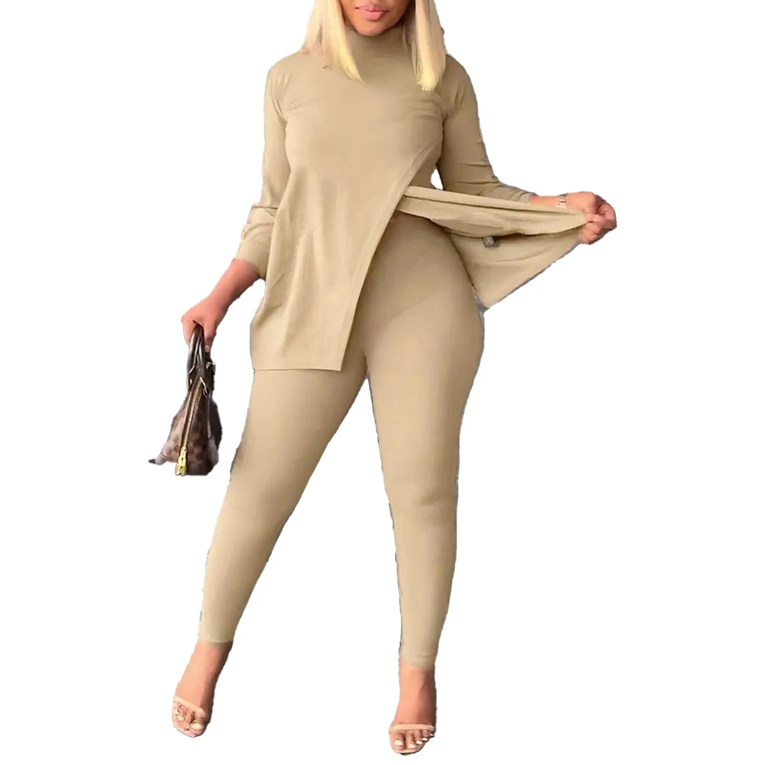 Solid Color Long Sleeve Casual Legging Set