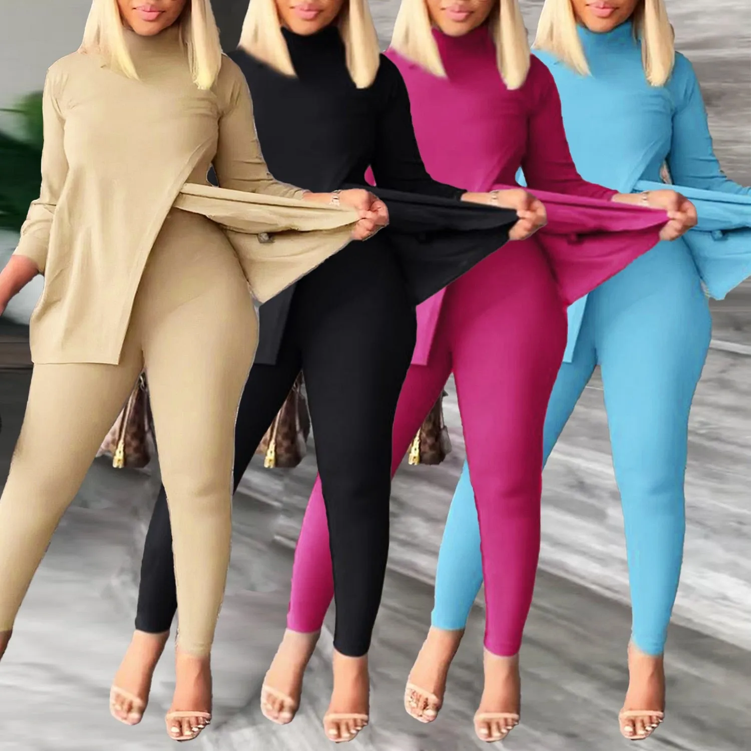 Solid Color Long Sleeve Casual Legging Set