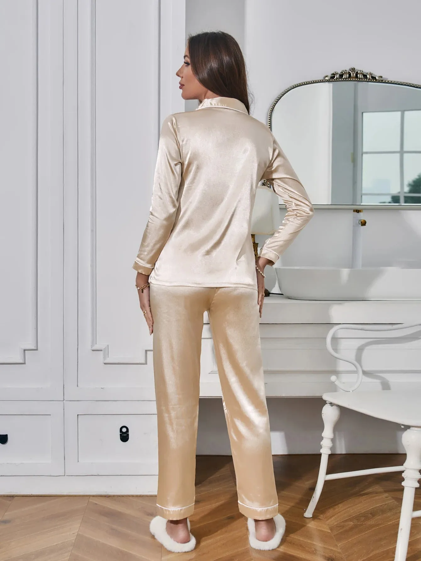 Solid Pajama Set Long Sleeve Button Up Lapel Top & Pants Pj Set Women's Sleepwear & Loungewear