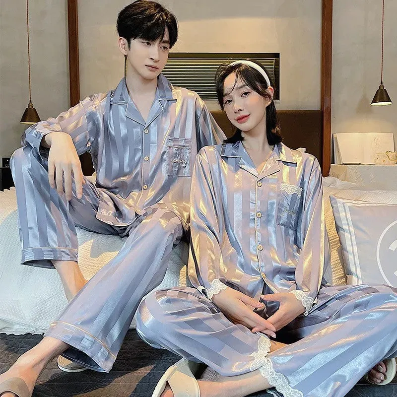 Spring Autumn Ice Silk Couple Pajama Set