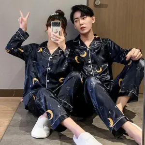 Spring Autumn Ice Silk Couple Pajama Set