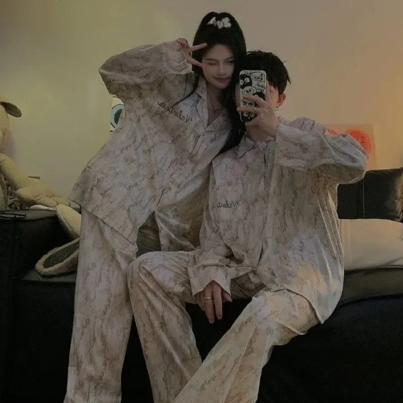 Spring Autumn Ice Silk Couple Pajama Set