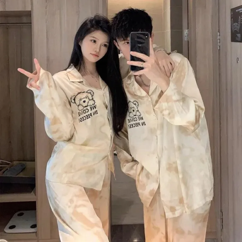 Spring Autumn Ice Silk Couple Pajama Set