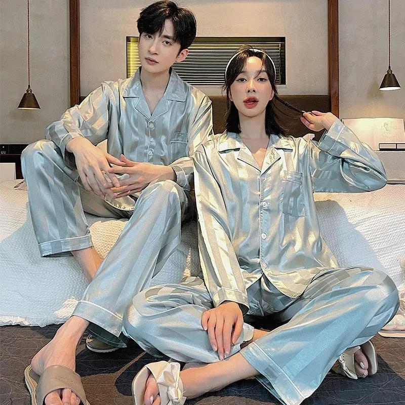 Spring Autumn Ice Silk Couple Pajama Set