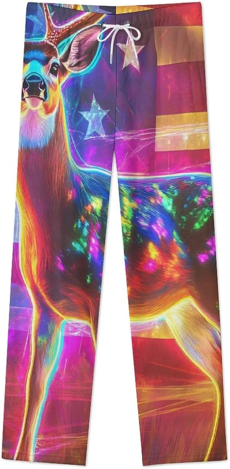 State U.S Flag Deer Women's Pajama Pants Fleece Warm Pj Bottoms Sleepwear Lounge Pants Loungewear