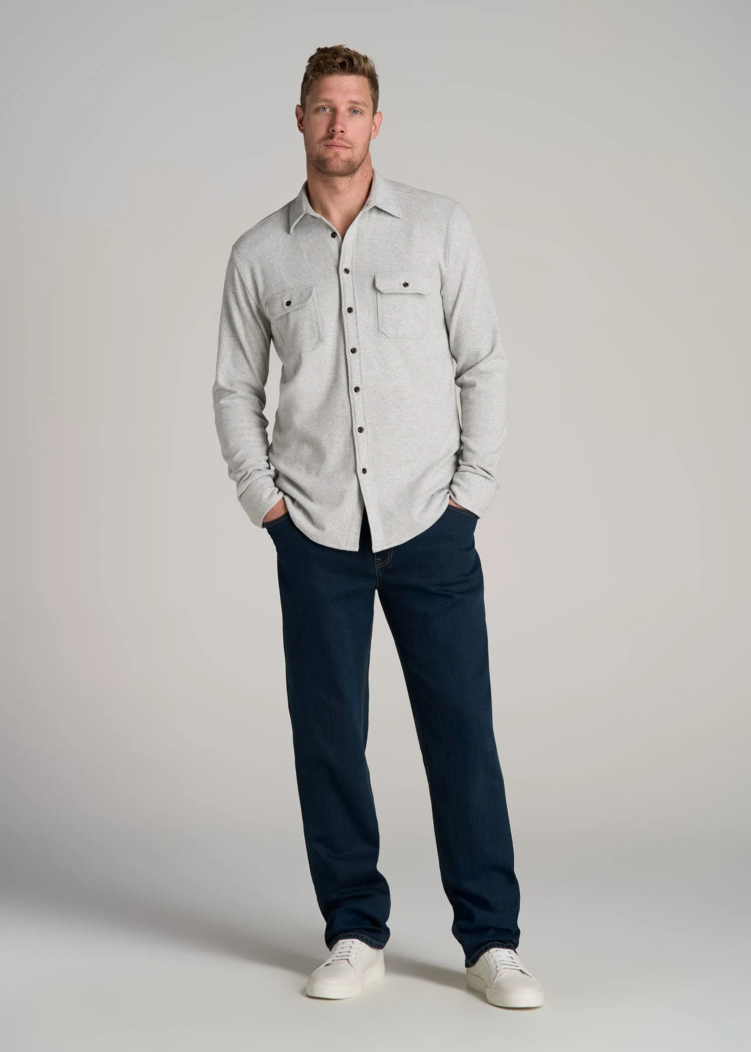Stretch Flannel Button Tall Men's Shirt in Light Grey Mix