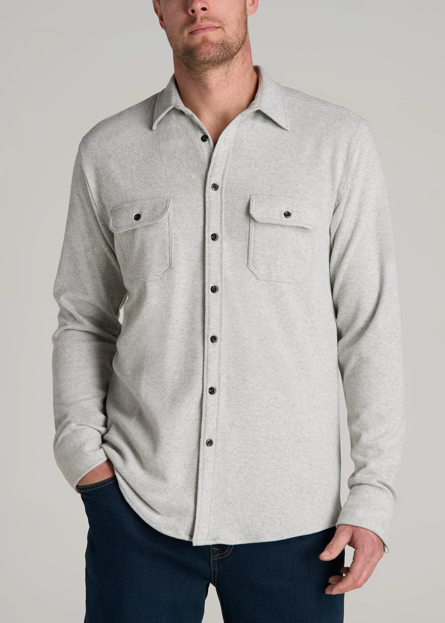 Stretch Flannel Button Tall Men's Shirt in Light Grey Mix